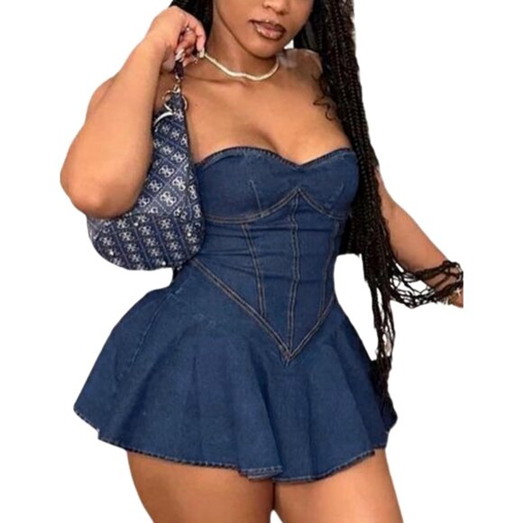 Women's Denim Mini Dress Strapless A-Line Casual Summer Fashion Lightweight - Picture 1 of 6